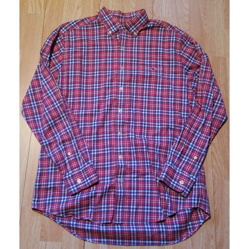 Vineyard Vines Mens Large Slim Fit Tucker Shirt Button Down Plaid Red/Blue Whale